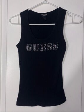 GUESS Black Ribbed Tank with Crystal Logo